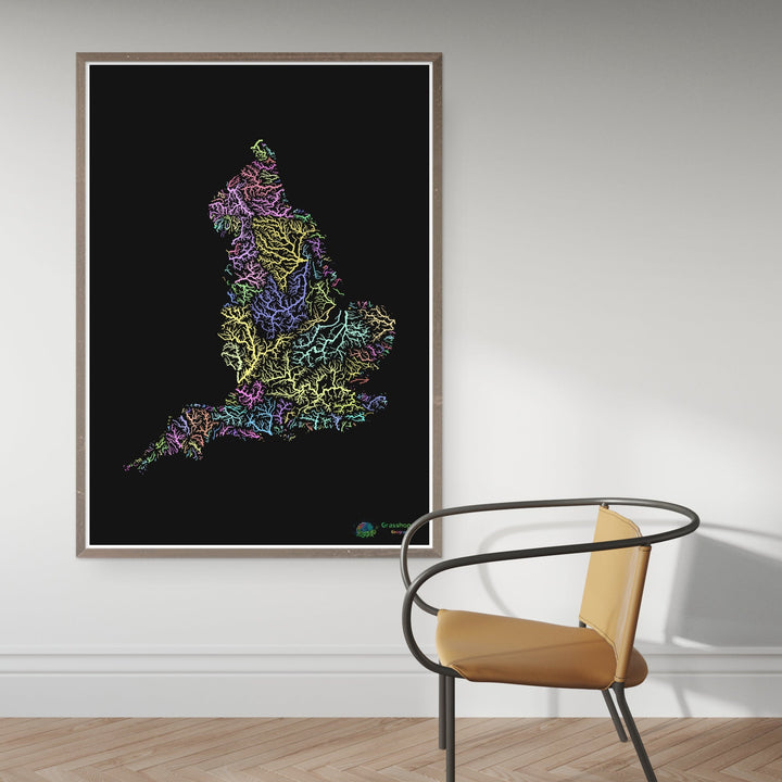 Inglaterra - Mapa da bacia hidrográfica, pastel sobre preto - Impressão de belas artes