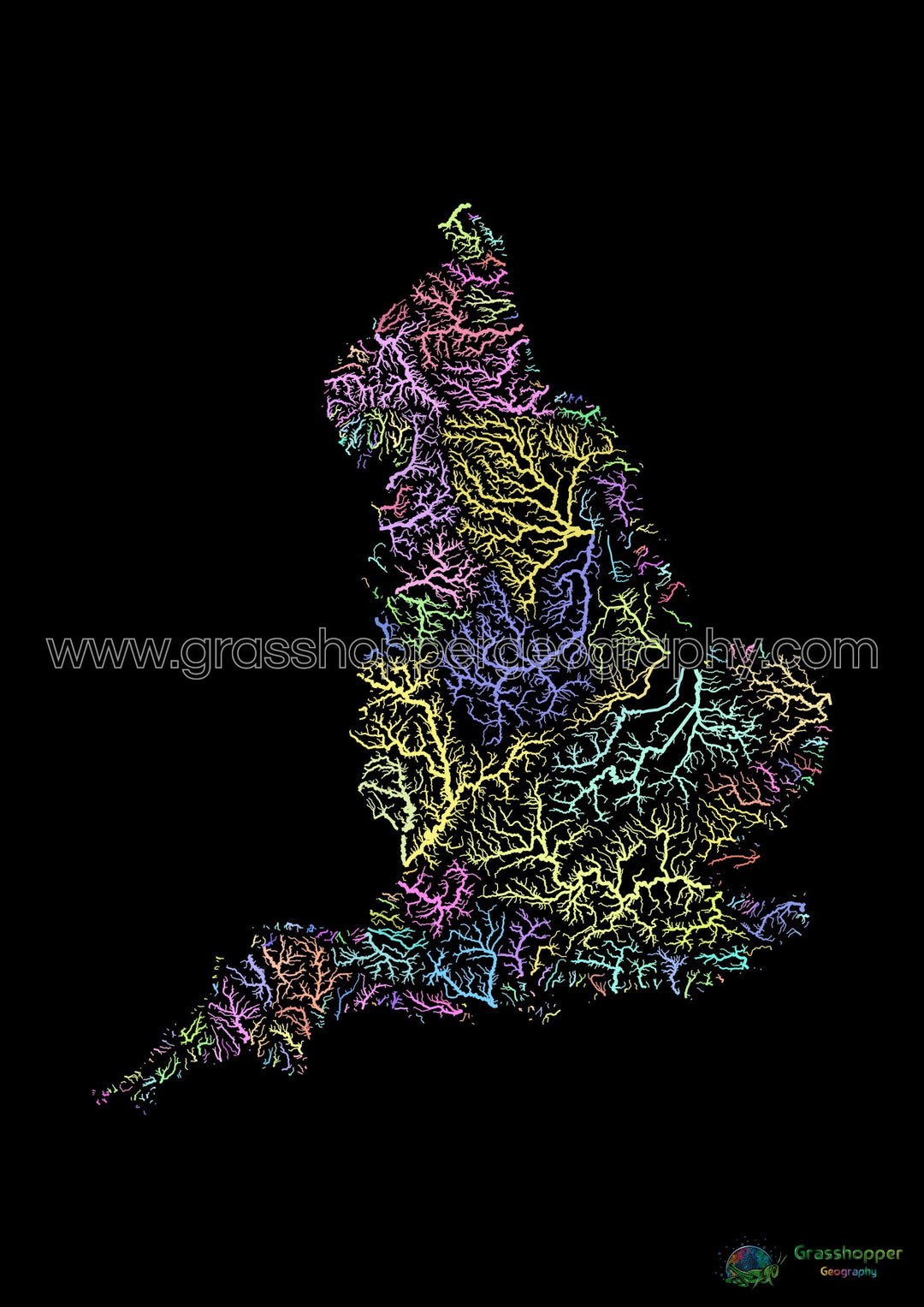 Inglaterra - Mapa de la cuenca fluvial, pastel sobre negro - Impresión de Bellas Artes