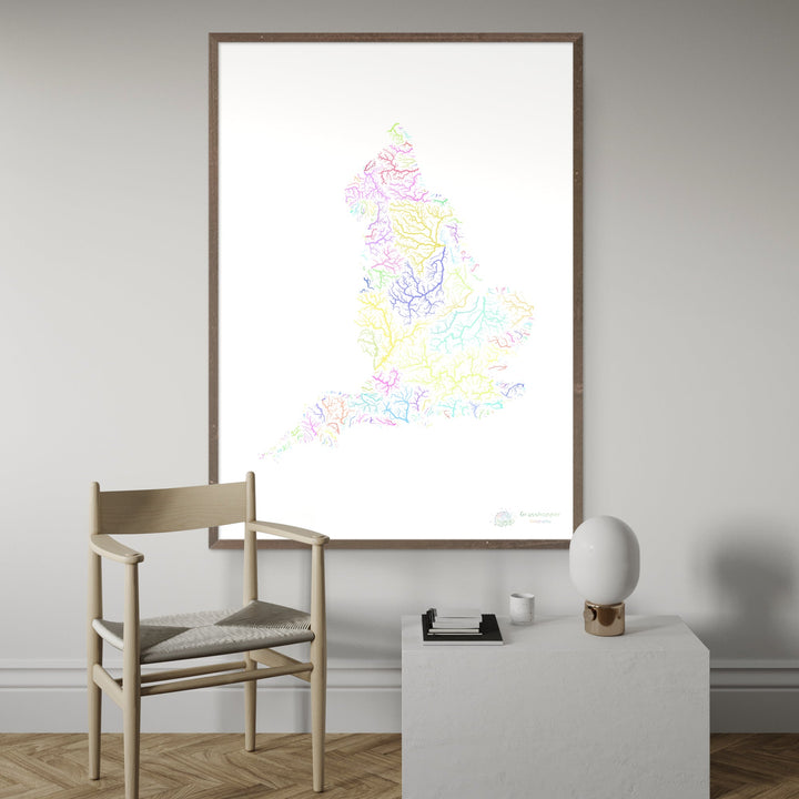 Inglaterra - Mapa de la cuenca fluvial, pastel sobre blanco - Impresión de Bellas Artes