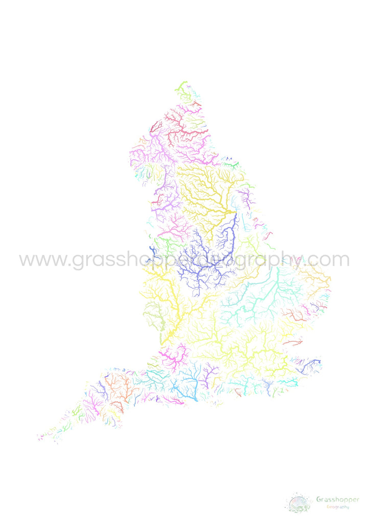 River basin map of England, pastel colours on white - Fine Art Print