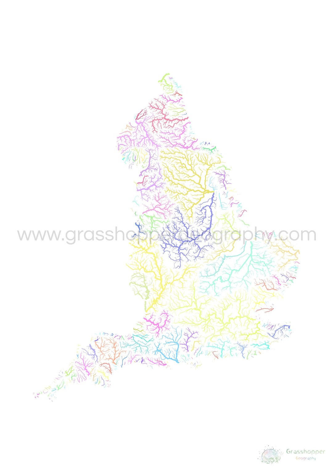 Angleterre - Carte des bassins fluviaux, pastel sur blanc - Fine Art Print