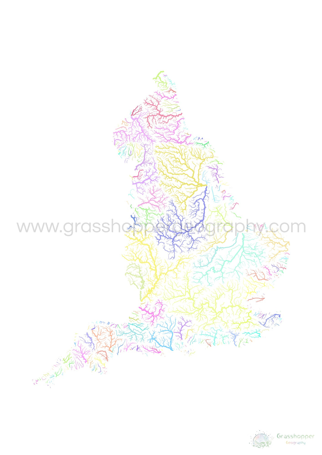 England - River basin map, pastel on white - Fine Art Print