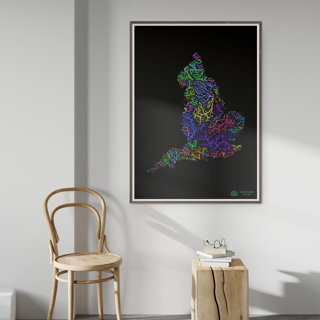 England - River basin map, rainbow on black - Fine Art Print