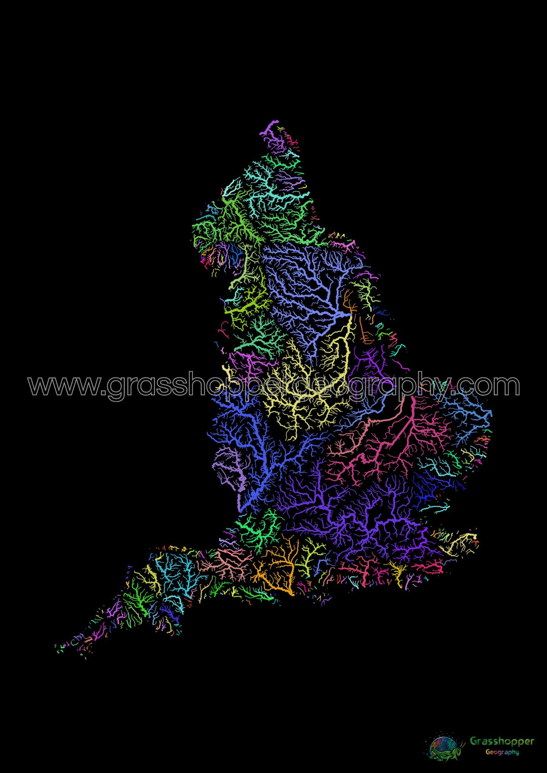 Angleterre - Carte des bassins fluviaux, arc-en-ciel sur noir - Fine Art Print