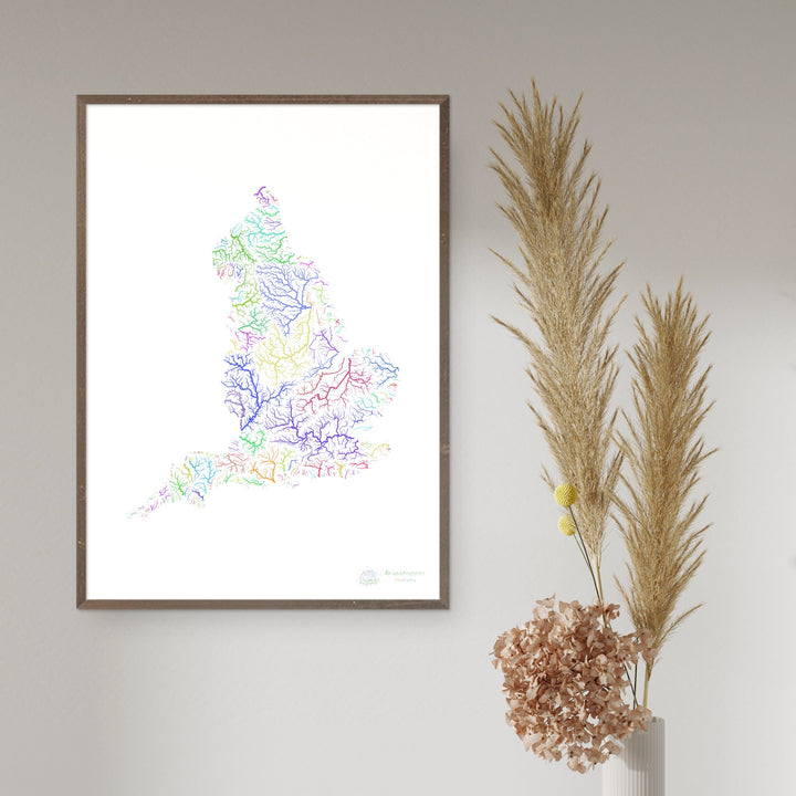 England - River basin map, rainbow on white - Fine Art Print