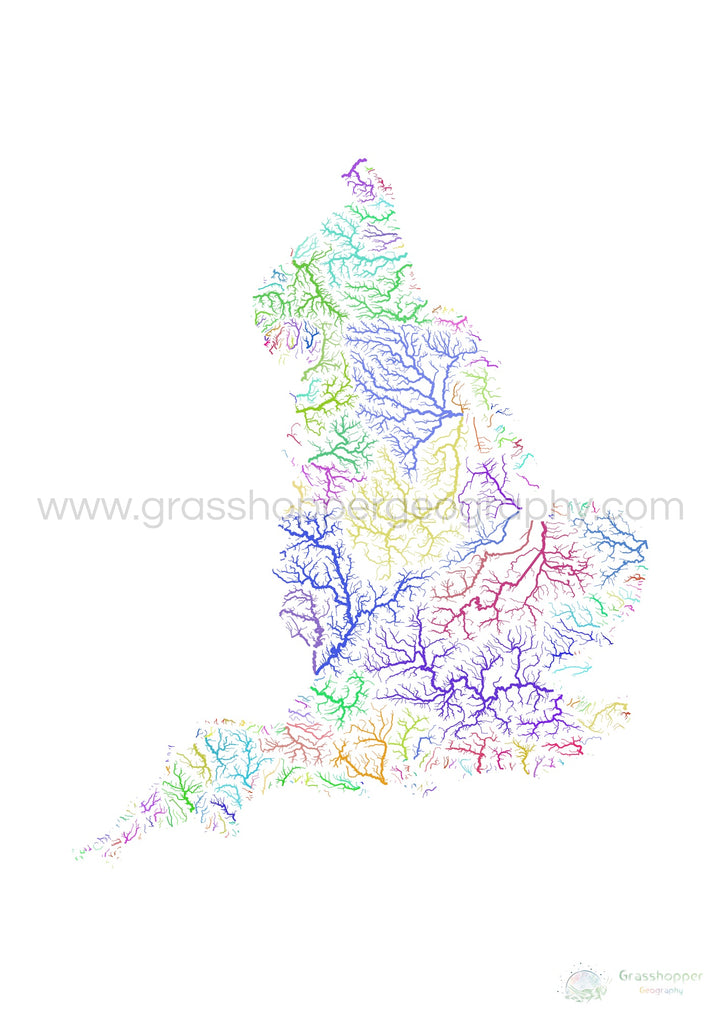 Angleterre - Carte des bassins fluviaux, arc-en-ciel sur blanc - Fine Art Print
