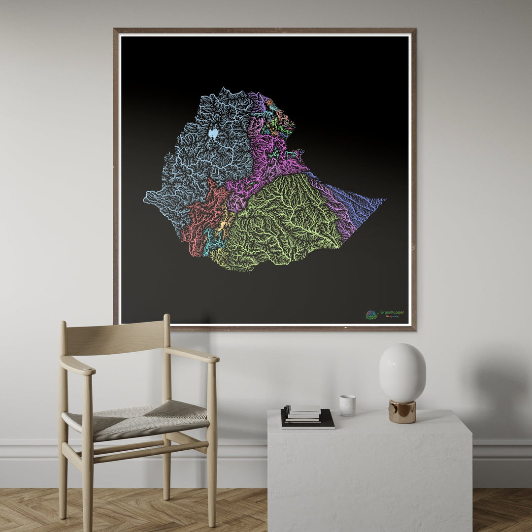 Éthiopie - Carte des bassins fluviaux, pastel sur noir - Fine Art Print