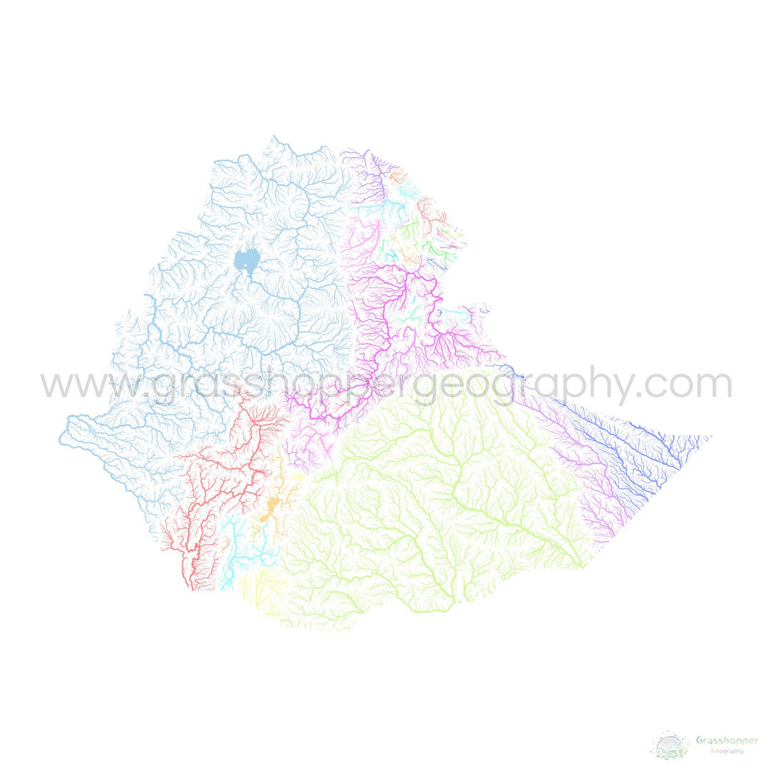 River basin map of Ethiopia, pastel colours on white - Fine Art Print