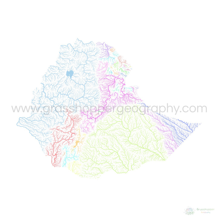 Äthiopien - Flussgebietskarte, Pastell auf Weiß - Fine Art Print