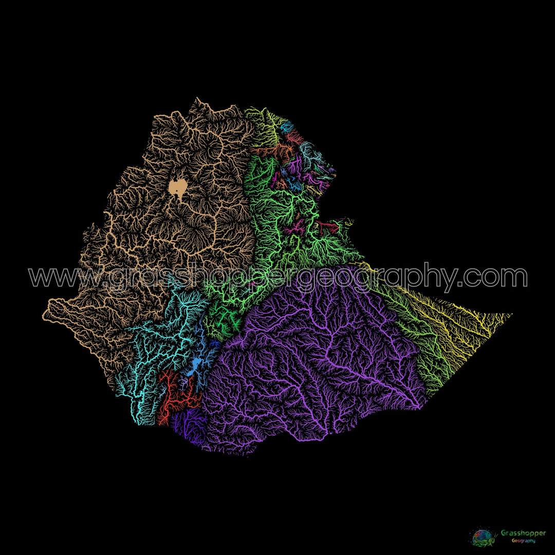 Etiopía - Mapa de la cuenca fluvial, arco iris sobre negro - Impresión de Bellas Artes