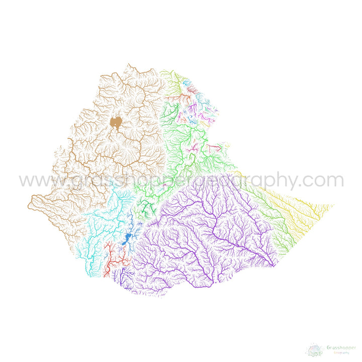Etiopía - Mapa de la cuenca fluvial, arco iris sobre blanco - Impresión de Bellas Artes