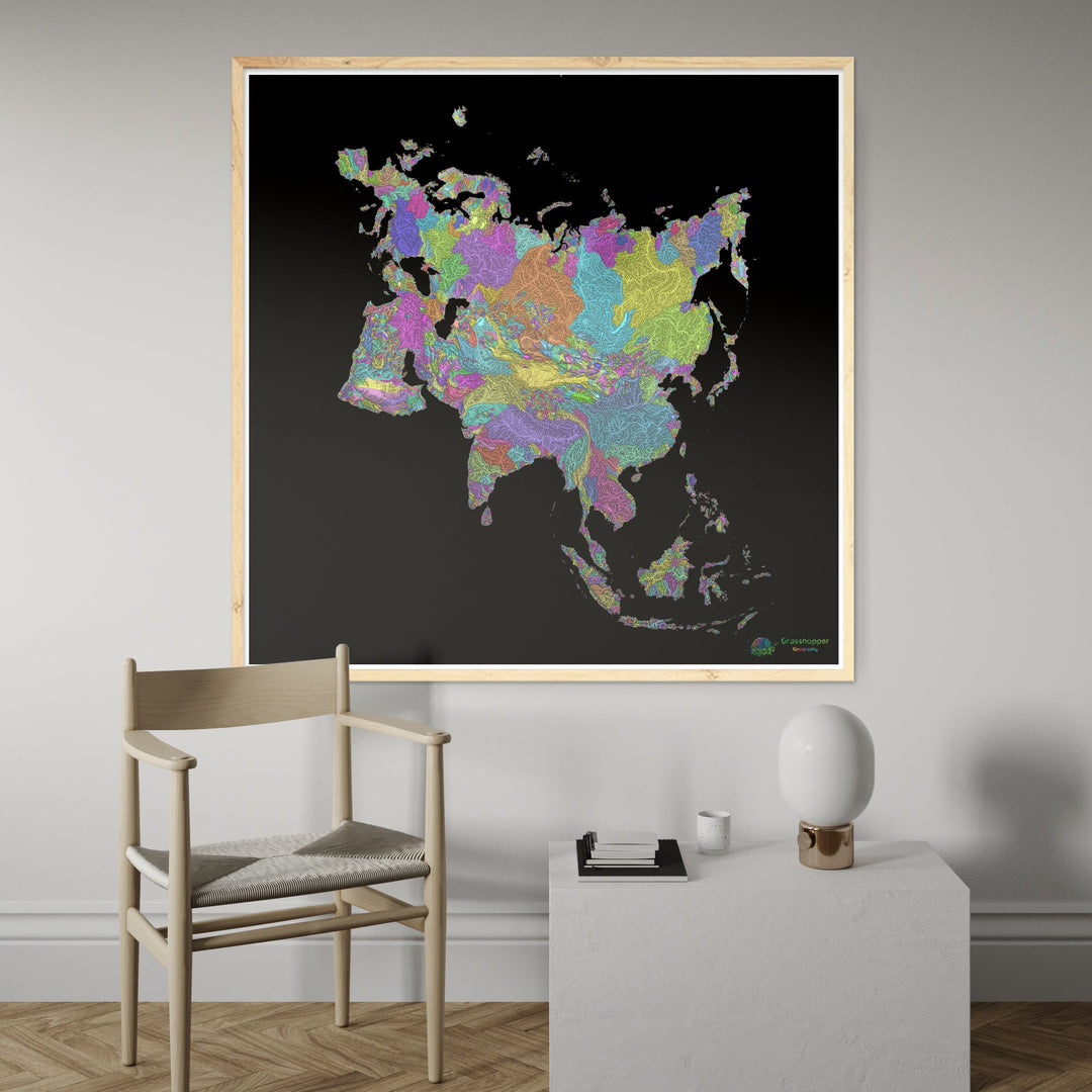 Eurasia - Mapa de la cuenca fluvial, pastel sobre negro - Impresión de Bellas Artes