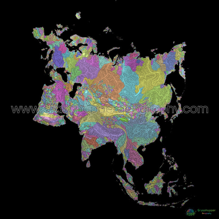 Eurasia - Mapa de la cuenca fluvial, pastel sobre negro - Impresión de Bellas Artes