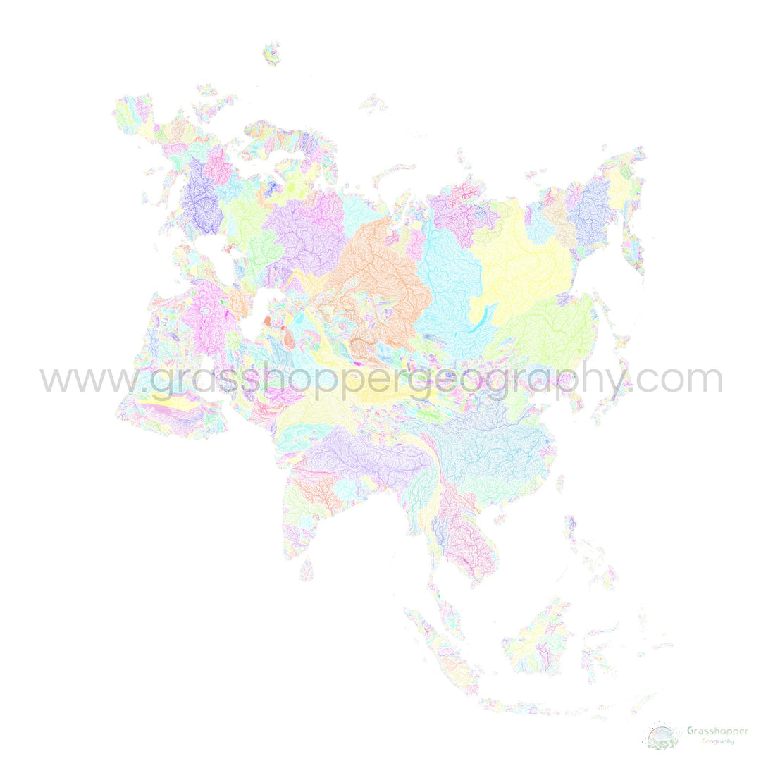 River basin map of Eurasia, pastel colours on white - Fine Art Print