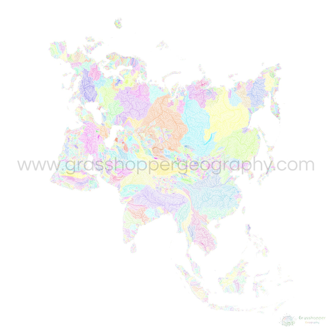 Eurásia - Mapa da bacia hidrográfica, pastel sobre branco - Impressão de belas artes