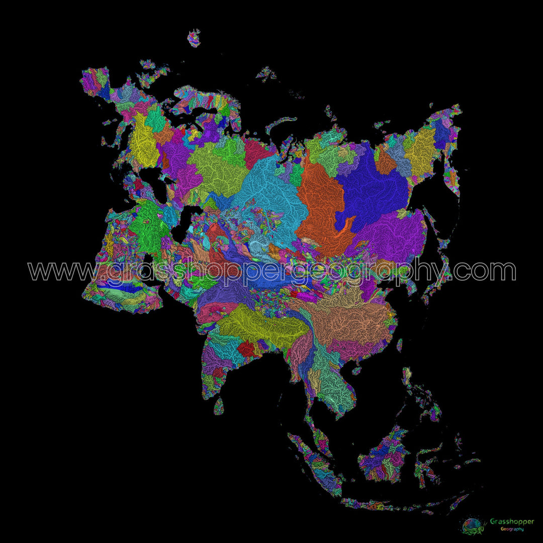 Eurasie - Carte des bassins fluviaux, arc-en-ciel sur noir - Fine Art Print