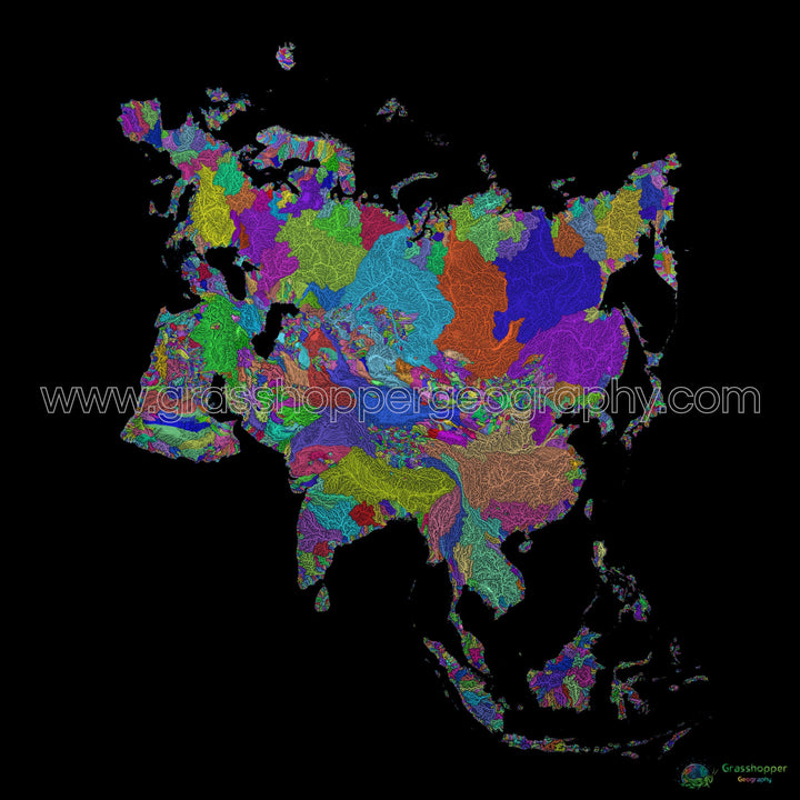 Eurasie - Carte des bassins fluviaux, arc-en-ciel sur noir - Fine Art Print