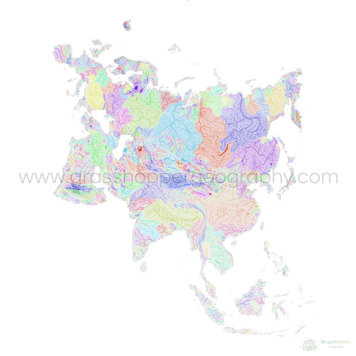 Eurasia - Mapa de la cuenca fluvial, arco iris sobre blanco - Impresión de Bellas Artes