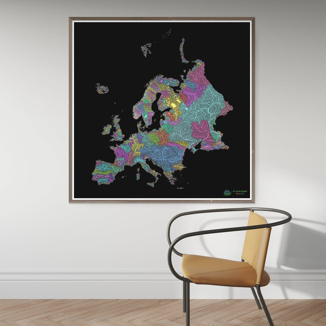 Europe - Carte des bassins fluviaux, pastel sur noir - Fine Art Print