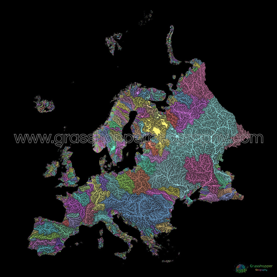 River basin map of Europe, pastel colours on black - Fine Art Print
