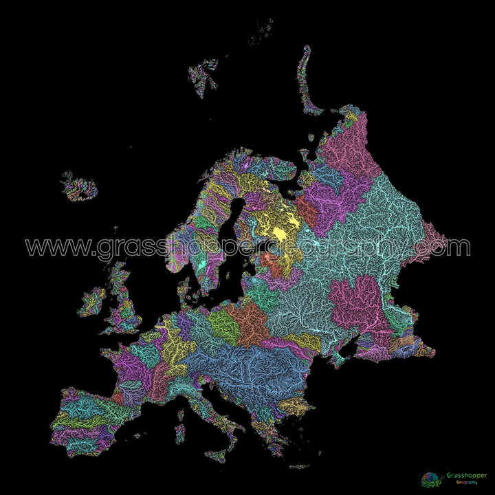 Europe - Carte des bassins fluviaux, pastel sur noir - Fine Art Print