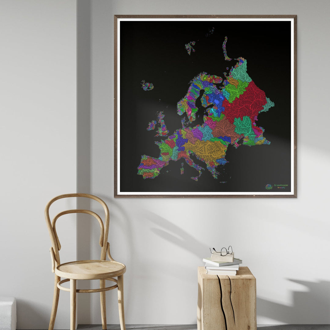 River basin map of Europe, rainbow colours on black - Fine Art Print