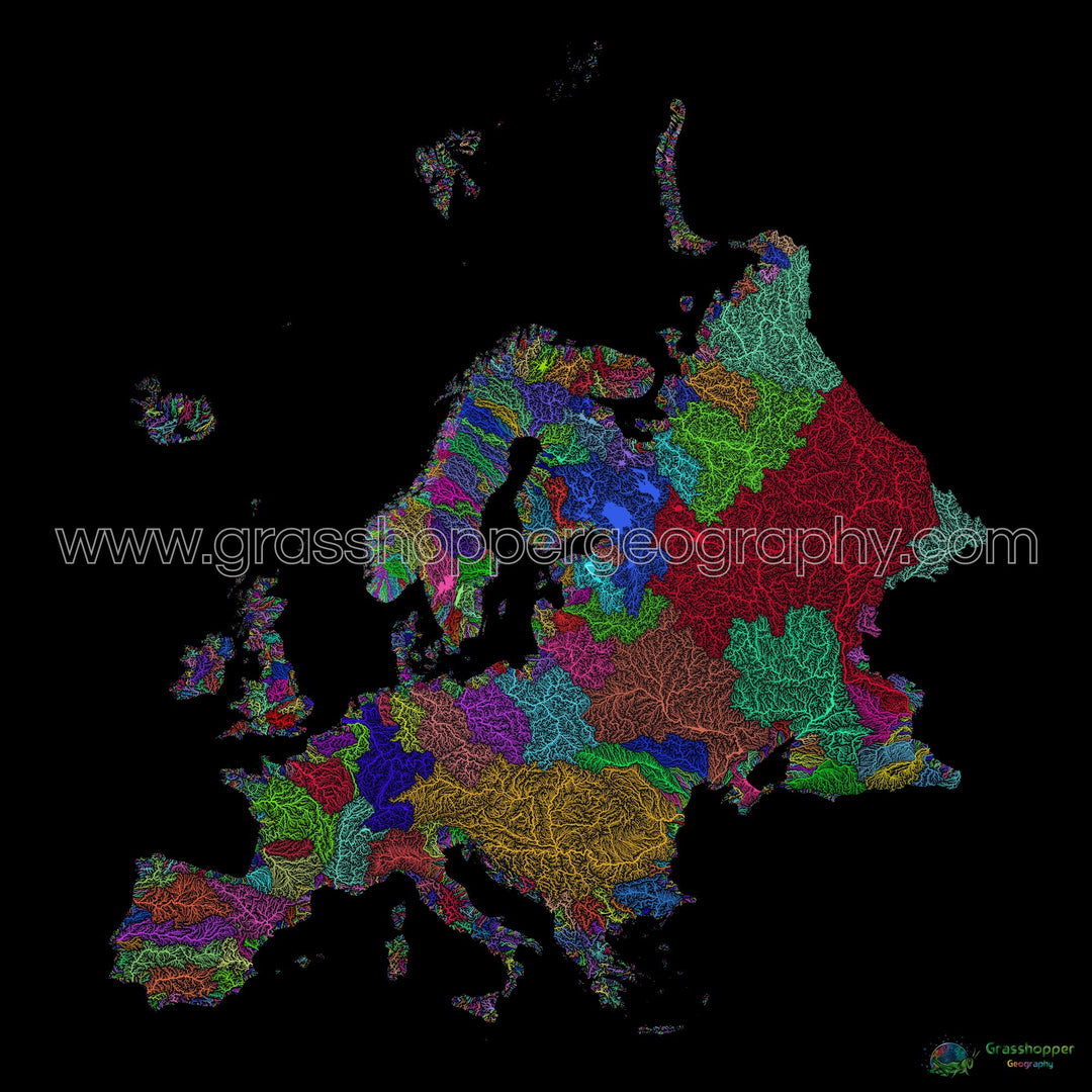 Europa - Mapa de cuencas fluviales, arco iris sobre negro - Impresión de Bellas Artes