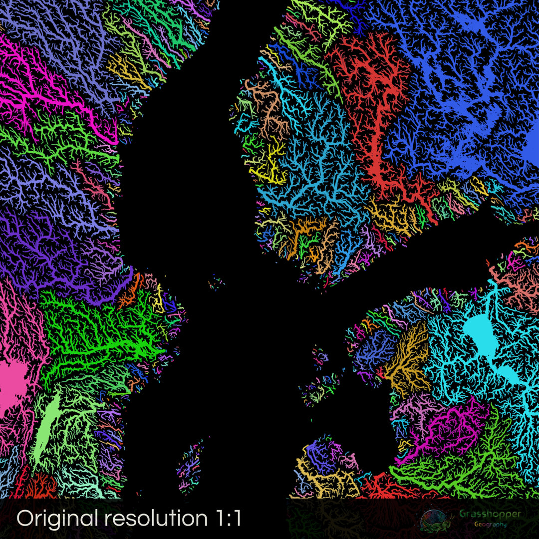 Europa - Mapa de cuencas fluviales, arco iris sobre negro - Impresión de Bellas Artes