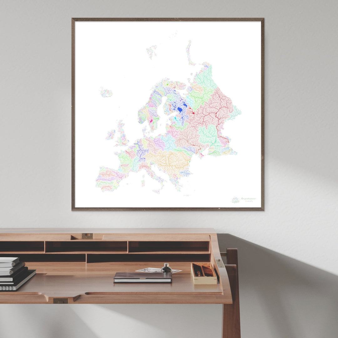 Europa - Mapa de cuencas fluviales, arco iris sobre blanco - Impresión de Bellas Artes