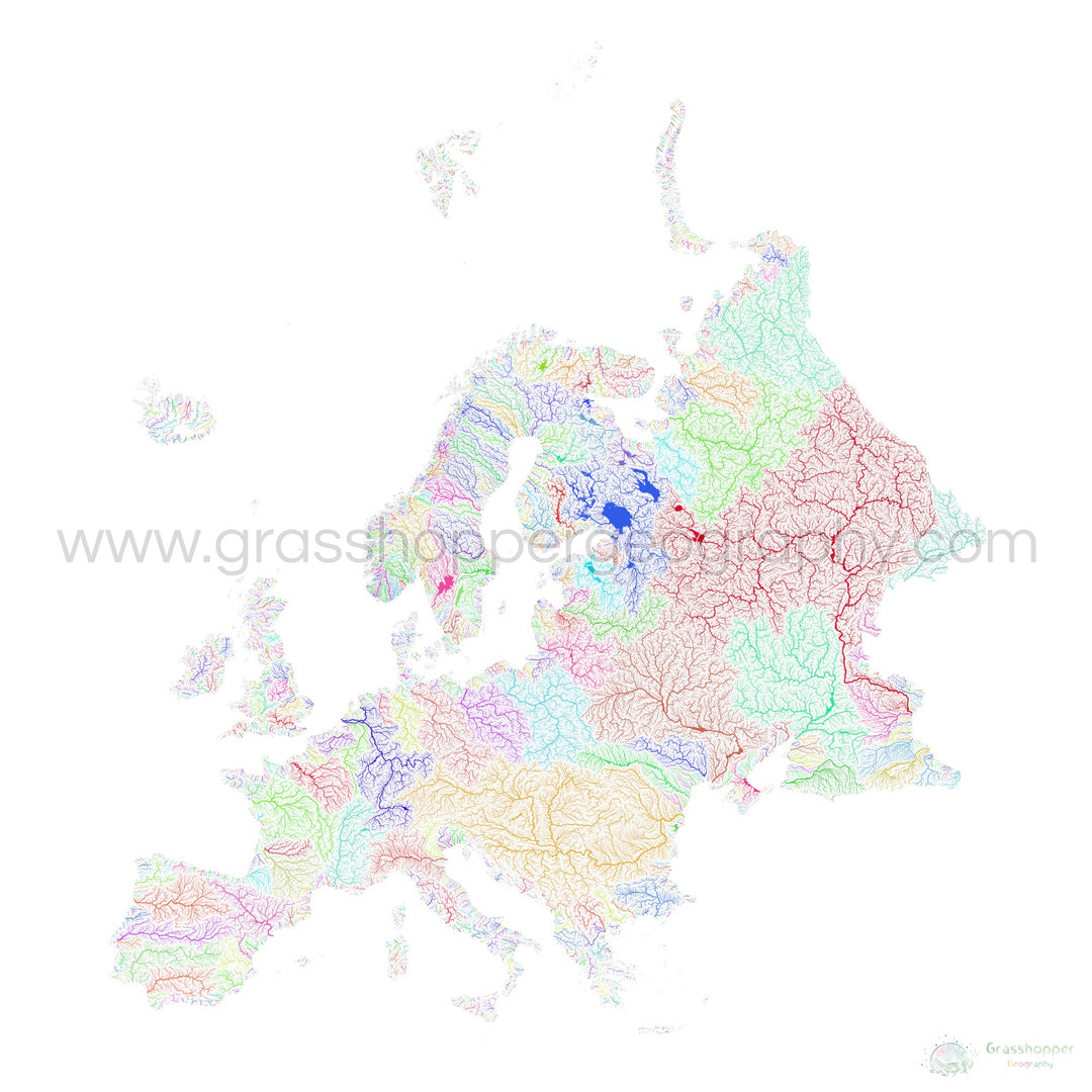 Europe - Carte des bassins fluviaux, arc-en-ciel sur blanc - Fine Art Print