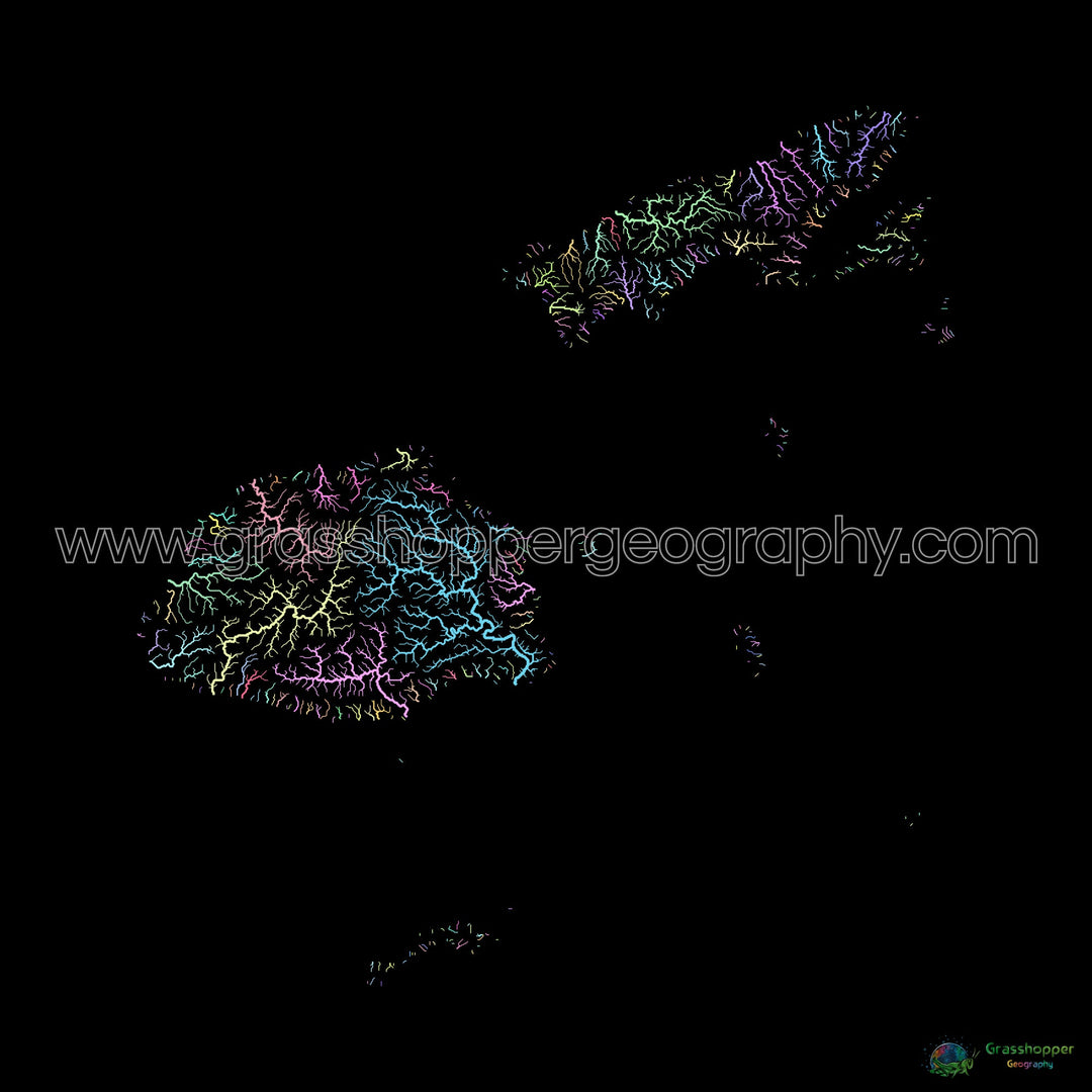 River basin map of Fiji, pastel colours on black - Fine Art Print