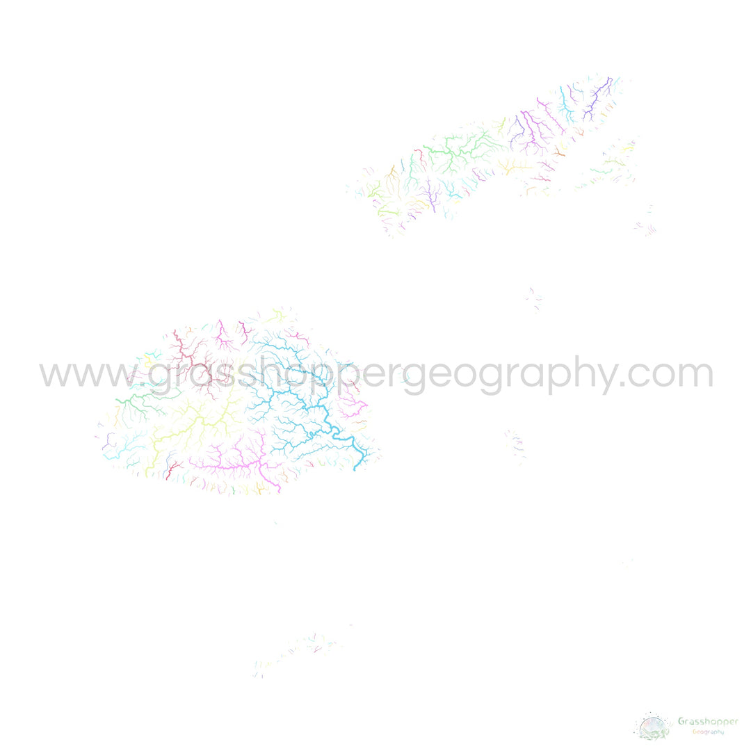 Fidji - Carte du bassin fluvial, pastel sur blanc - Fine Art Print