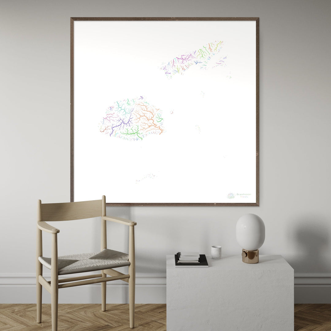 Fiji - River basin map, rainbow on white - - Fine Art Print