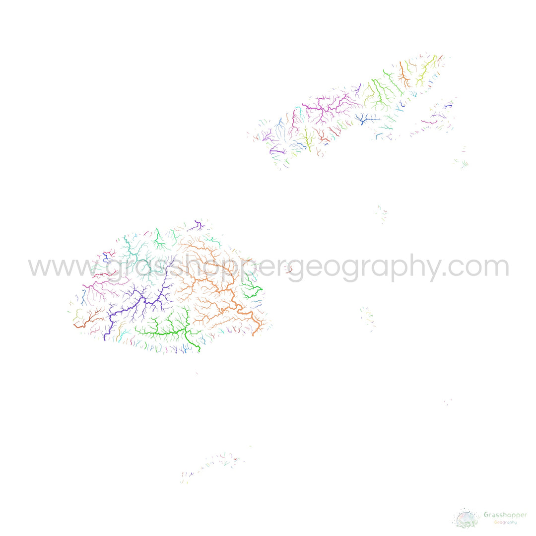 Fiji - Mapa de la cuenca fluvial, arco iris sobre blanco - - Impresión de bellas artes