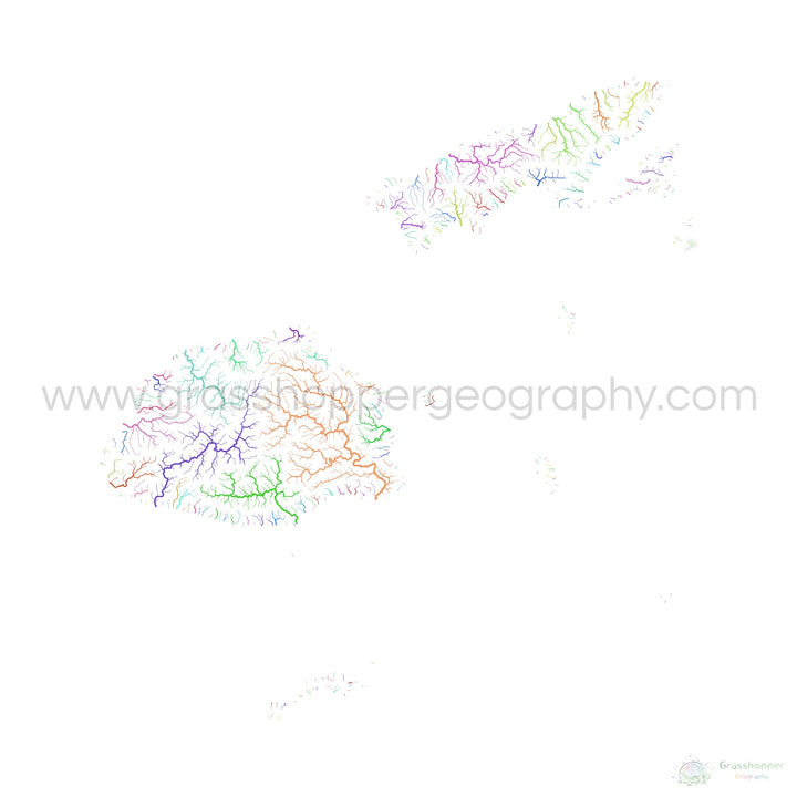 Fiji - River basin map, rainbow on white - - Fine Art Print