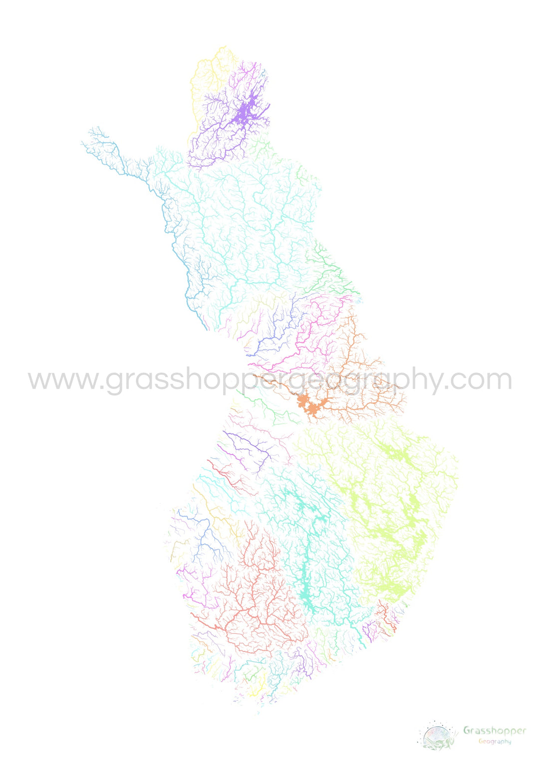 Finland - River basin map, pastel on white - Fine Art Print