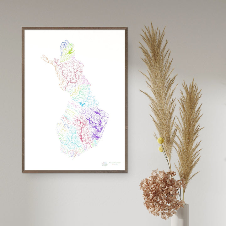 River basin map of Finland, rainbow colours on white Fine Art Print