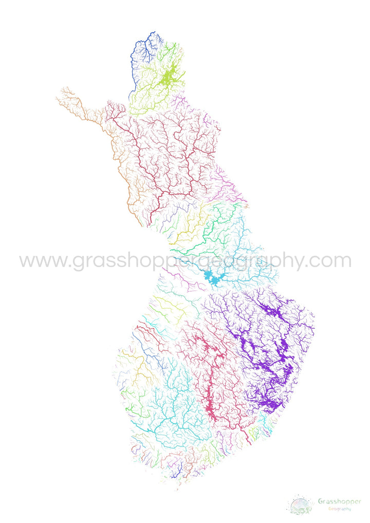 Finlandia - Mapa de cuencas fluviales, arco iris sobre blanco - Impresión de bellas artes