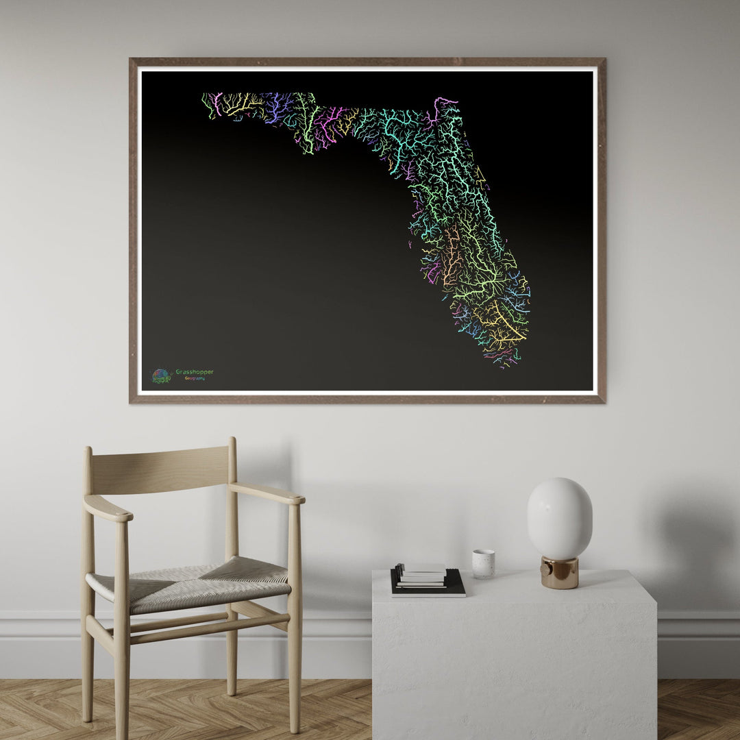 Floride - Carte des bassins fluviaux, pastel sur noir - Fine Art Print