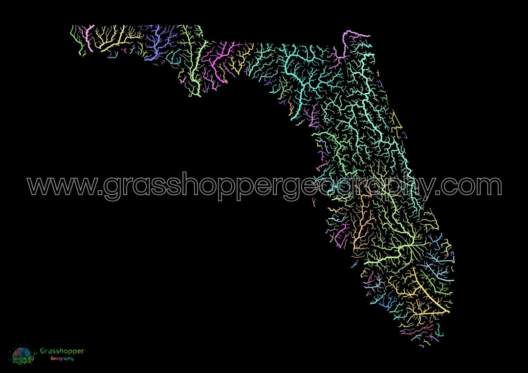 Floride - Carte des bassins fluviaux, pastel sur noir - Fine Art Print