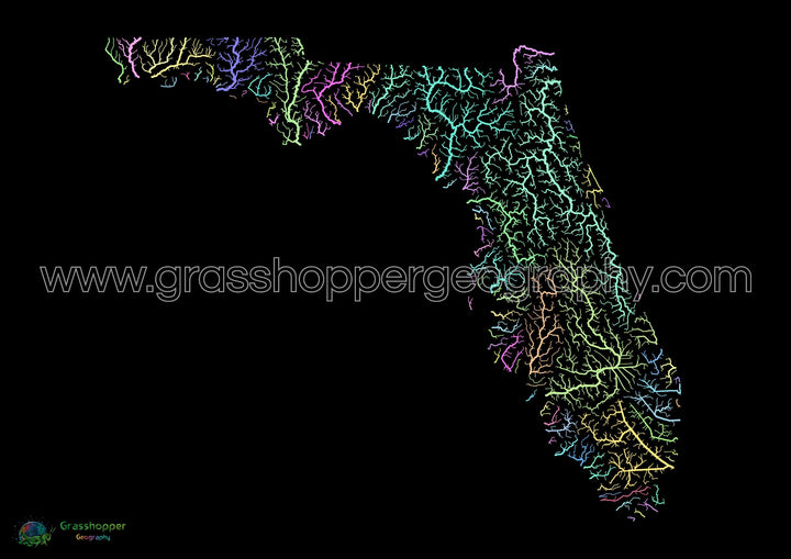 Florida - Mapa de la cuenca fluvial, pastel sobre negro - Impresión de bellas artes
