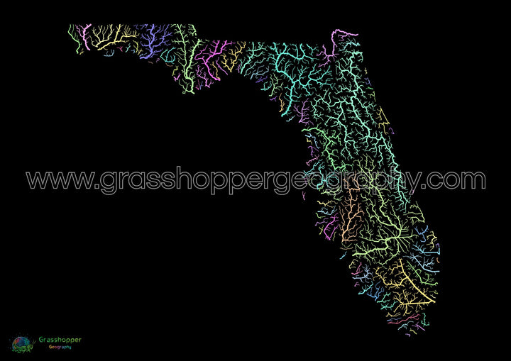 Floride - Carte des bassins fluviaux, pastel sur noir - Fine Art Print