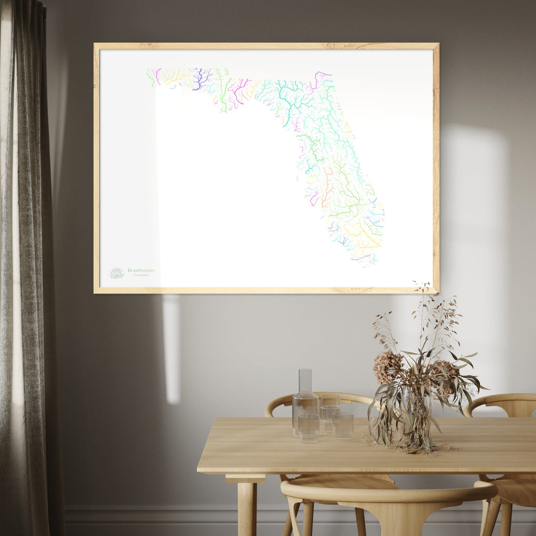 Floride - Carte du bassin fluvial, pastel sur blanc - Fine Art Print