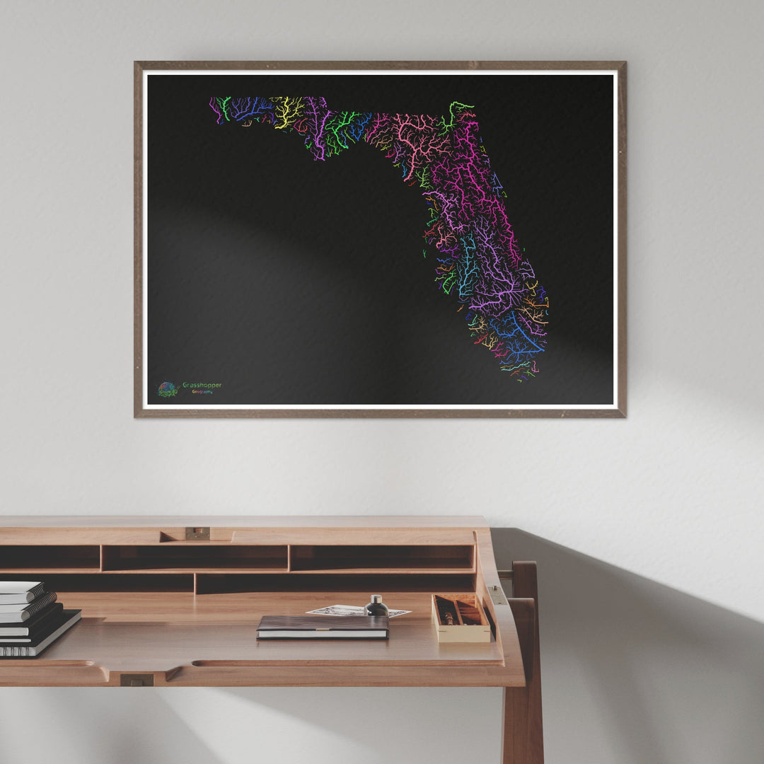 Floride - Carte des bassins fluviaux, arc-en-ciel sur noir - Fine Art Print