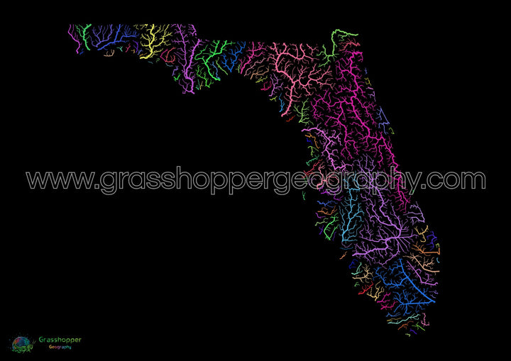 Floride - Carte des bassins fluviaux, arc-en-ciel sur noir - Fine Art Print