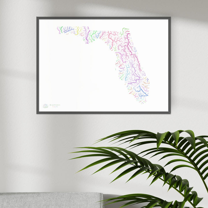 Floride - Carte du bassin fluvial, arc-en-ciel sur blanc - Fine Art Print