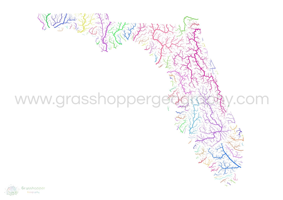 Florida - Mapa de la cuenca fluvial, arco iris sobre blanco - Impresión de bellas artes