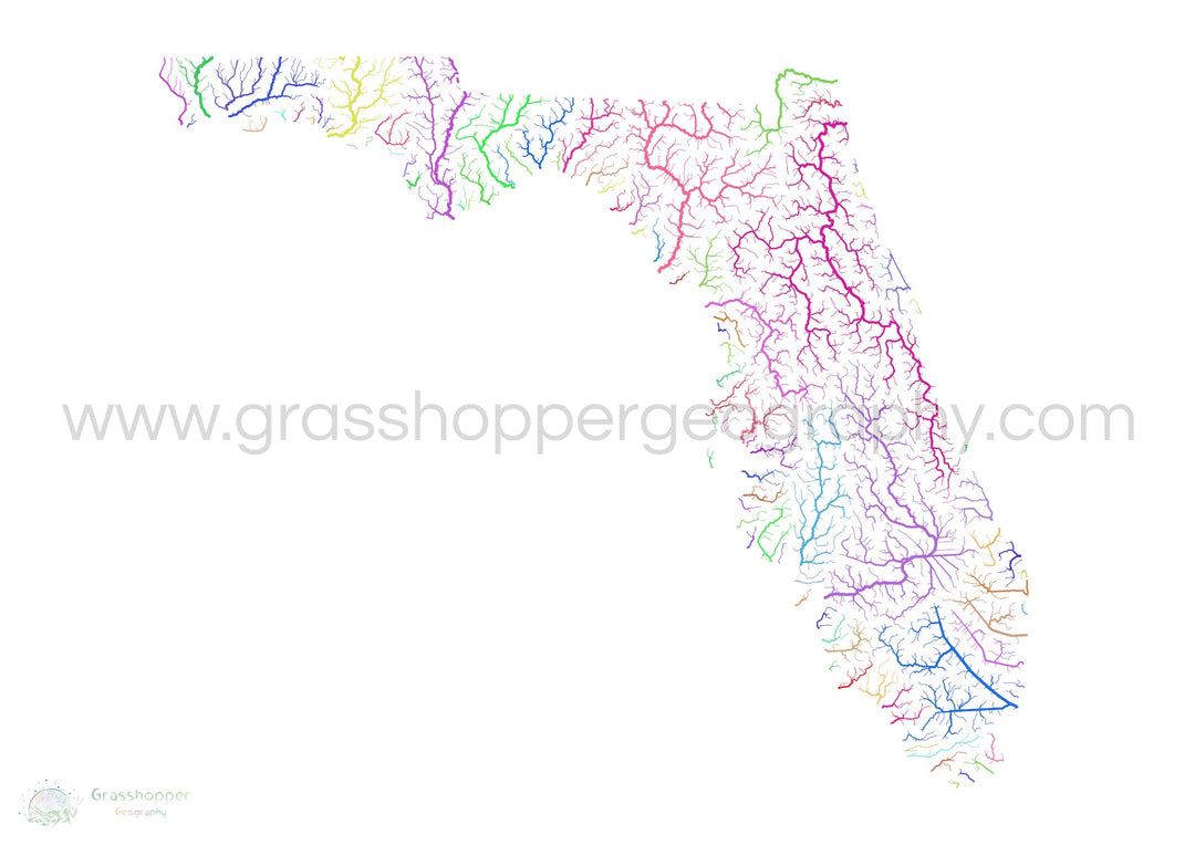 Floride - Carte du bassin fluvial, arc-en-ciel sur blanc - Fine Art Print