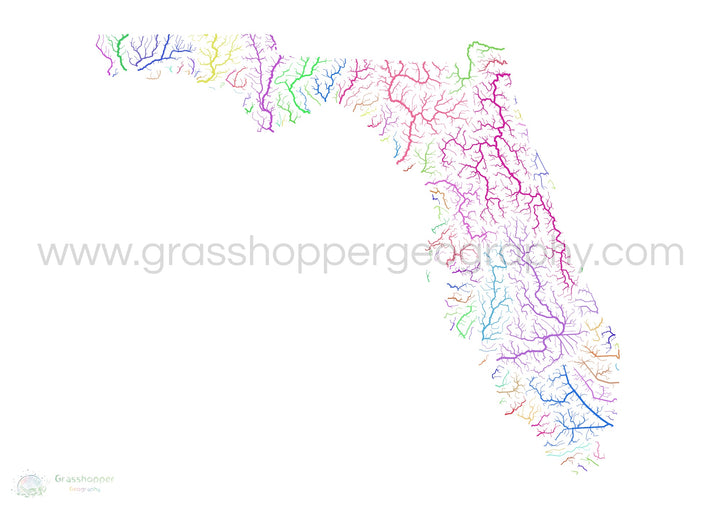 Floride - Carte du bassin fluvial, arc-en-ciel sur blanc - Fine Art Print