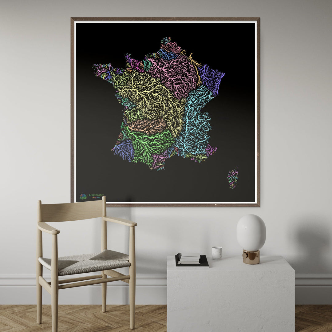 Francia - Mapa de la cuenca hidrográfica, pastel sobre negro - Impresión de Bellas Artes